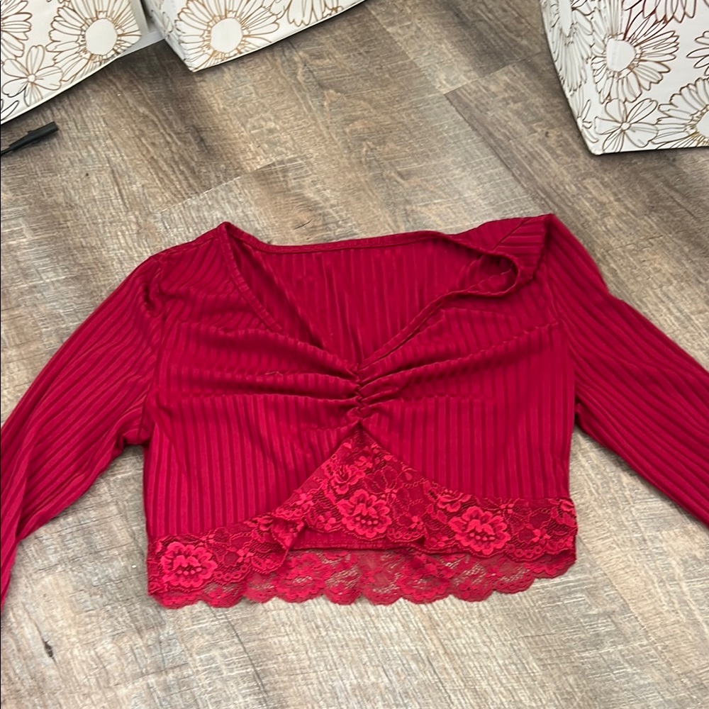 Red Lace Trim Ribbed Women's Top